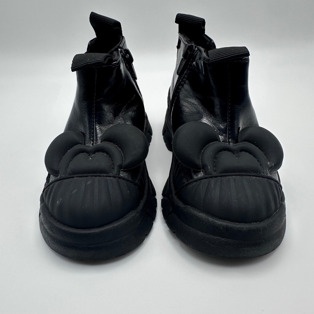 Zara Kids Disney Mickey Mouse Black Glossy Ankle Boots Chunky Lug Sole 21